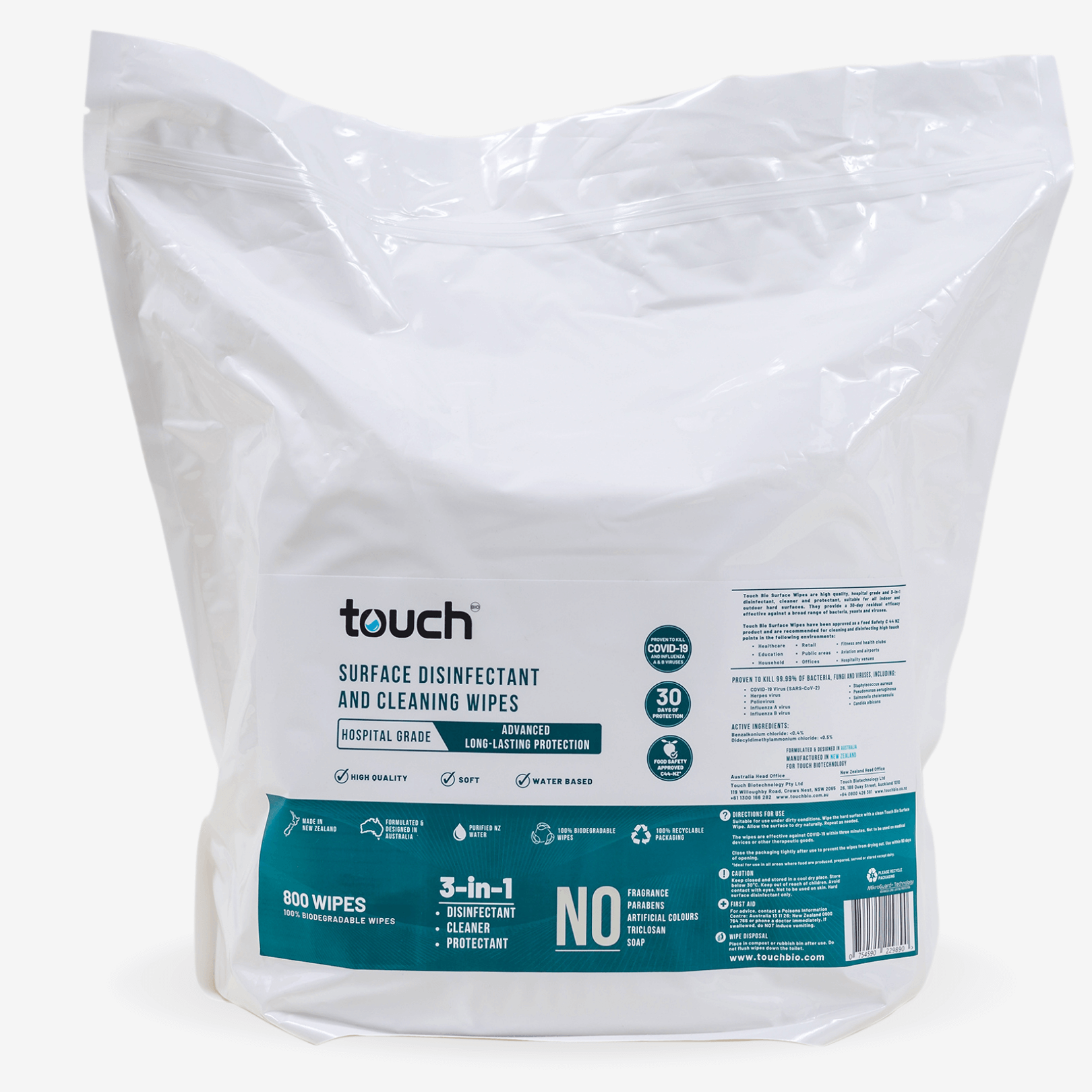 Surface Disinfectant and Cleaning Wipes 800 Wipes Roll TouchBio NZ